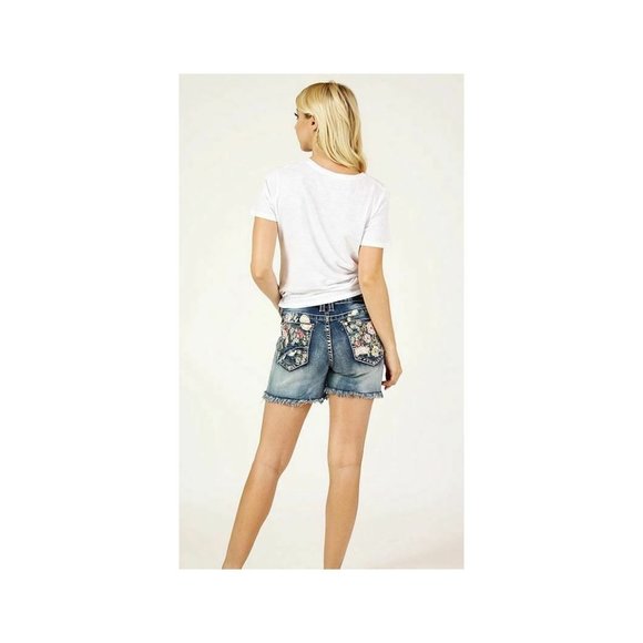 Grace in LA Jeans Womens Floral Embroidered Easy Fit Stretch Denim Cut Off Short - Picture 6 of 8